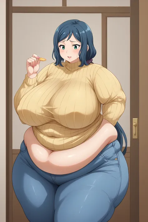  Iori Rinko, Rinko Iori, long hair,紺色の髪, low ponytail, Purple scrunchie,  green eyes, yellow sweater, Navy blue jeans ,Obese middle-aged woman, troubled expression, embarrassing expression ,milf, chubby,(living), score_9,  score_8_ up、 score_7_ up、 score_6...