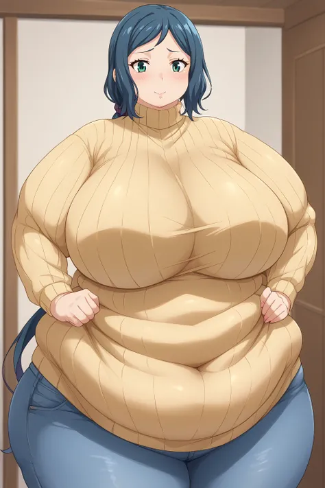  Iori Rinko, Rinko Iori, long hair,紺色の髪, low ponytail, Purple scrunchie,  green eyes, yellow sweater, Navy blue jeans ,Obese middle-aged woman, troubled expression, embarrassing expression ,milf, chubby,(living), score_9,  score_8_ up、 score_7_ up、 score_6...