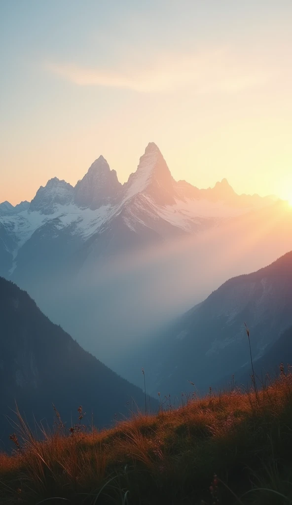 A vertical view of a majestic mountain range at sunrise, with soft morning mist rolling over the peaks. The lower part of the image shows a grassy meadow, while the upper half is a clear sky with warm tones and plenty of copy space