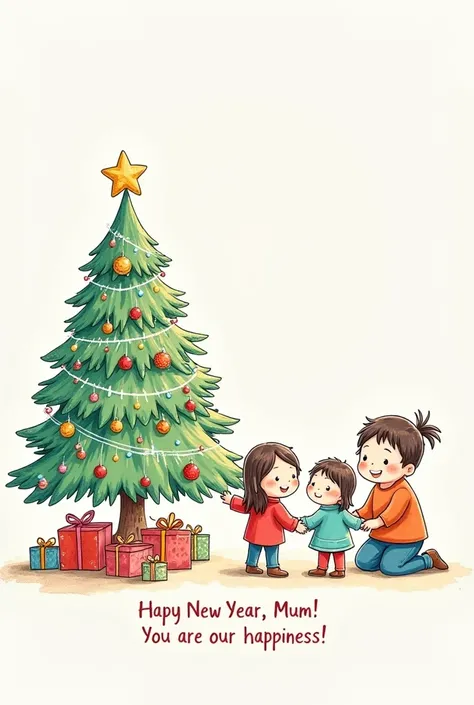 Draw a Christmas tree decorated with toys, with presents underneath.
Next to it, add a picture of the family, holding hands or sitting around a festive table.
Write a warm inscription, "Happy New Year, Mum! You are our happiness!".