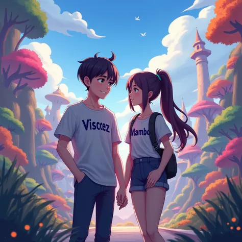 The gamer couple faces forward like an anime with a background in the Mobile Legends game and the boys shirt says Visceez. and on womens clothes it says MAMBO