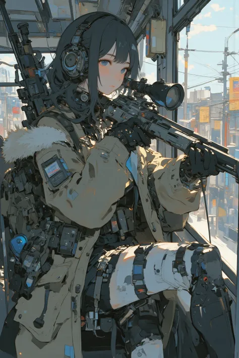  she is wearing headphones {x} looking out the window with a gun {x} a woman in a winter coat,  riding a bus ,With headphones,  with a mosin on her back , Sniper!  a gun on her shoulder ,  she carries a pistol , Extremely accurate photo , With a rifle, Ver...