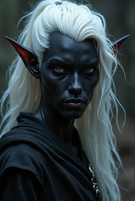 character from D &D dark elf male ,  black-skinned white hair with a patch