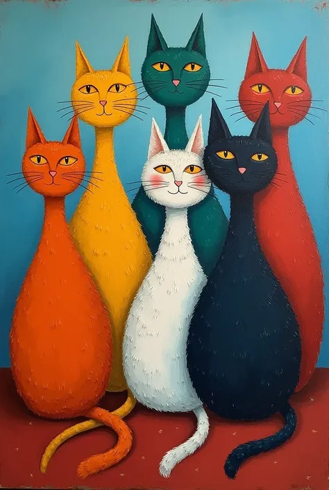 painting of a group of cat with different colors and sizes, 色や大きさの異なるcatの群れを描いたクレオン・ピーターソン ,  Flickr ,   naive art , cat! About , cat on her side, cat, catcatcat, Animal paintings, cat cat dreamcat, cat cat dreamcat, meeting of the cat, black cat, Very con...