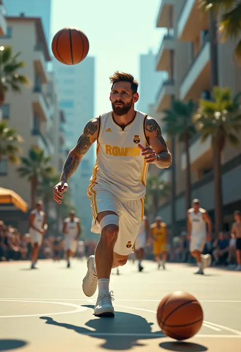 Lionel Messi playing basketball with the Real Madrid jersey 