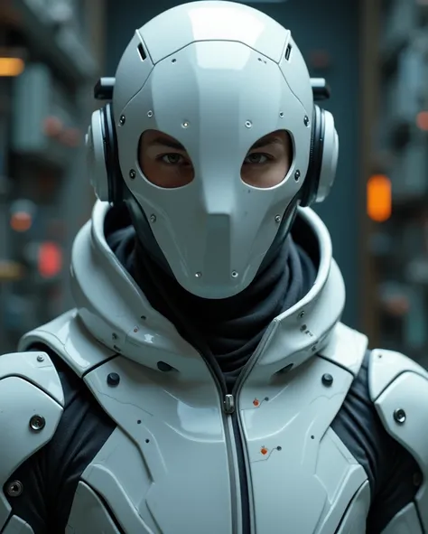 a futuristic male engineer wearing a simple white full mask revealing only his eyes, (best quality, 4k, 8k, highres, masterpiece:1.2), ultra-detailed, (realistic, photorealistic, photo-realistic:1.37), cinematic lighting, dramatic lighting, dramatic pose, ...