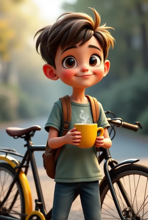 A boy holding a coffee mug and next to a black and yellow bicycle