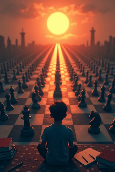 Create an artwork of a determined student sitting at a chessboard that stretches infinitely into the horizon, blending into a radiant sunrise. The chess pieces around them are scattered, with a toppled king piece symbolizing a moment of doubt. The student’...