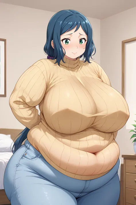  Iori Rinko, Rinko Iori, long hair,紺色の髪, low ponytail, Purple scrunchie,  green eyes,(( yellow sweater)), Navy blue jeans ,Obese middle-aged woman, troubled expression, embarrassing expression ,milf, chubby,(bedroom), score_9,  score_8_ up、 score_7_ up、 sc...