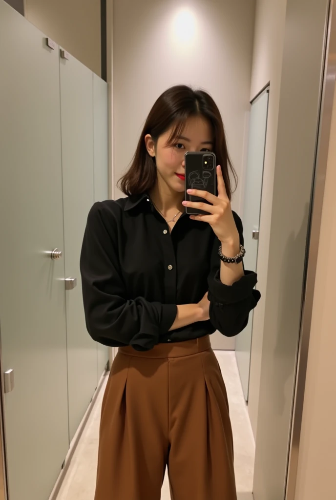  A beautiful Korean woman aged 18 years old with a thin smile wears a black shirt with wide culottes underneath brown , wearing modern coir is in the toilet of the mall while Selfi uses a phone iphone in front of the mirror while stylish  , wear a fulhd wa...