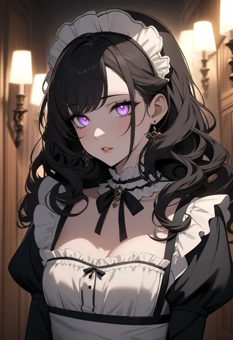 nsfw, Soft focus portrait of a ravishing Victorian maid, standing in a dimly lit corridor with intricate wooden paneling. Her porcelain skin glows beneath a soft candles warm light, highlighting the subtle curve of her lips as she playfully teases a loose ...