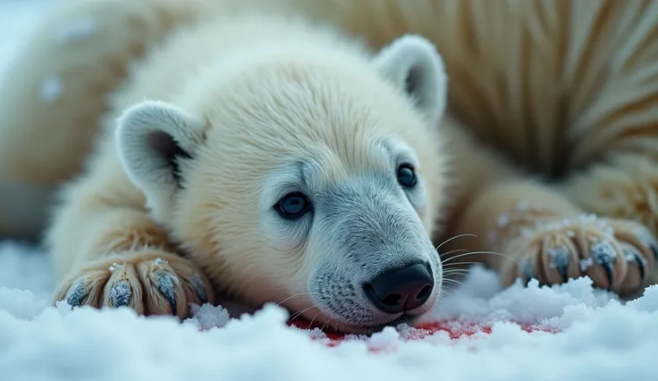 A poler bear zoomed-in shot of the cub’s face, showing its wet fur and wide, frightened eyes. Frost clings to its fur as it rests on the snow beside its injured mother, with faint blood stains visible in the background.
