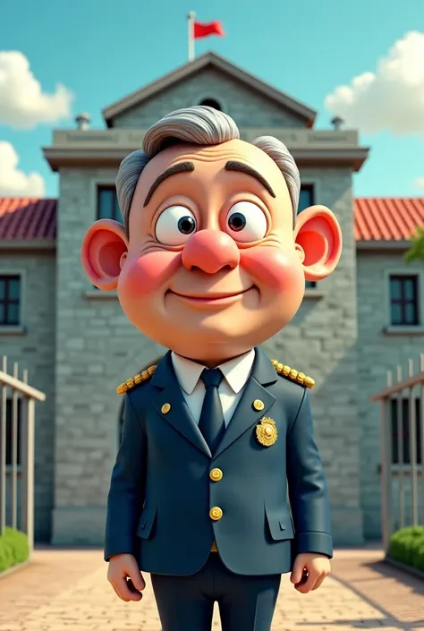 cartoon 4D, a 40 year old man with a big head ,  in a kemenkunham uniform with a background in front of a penitentiary 