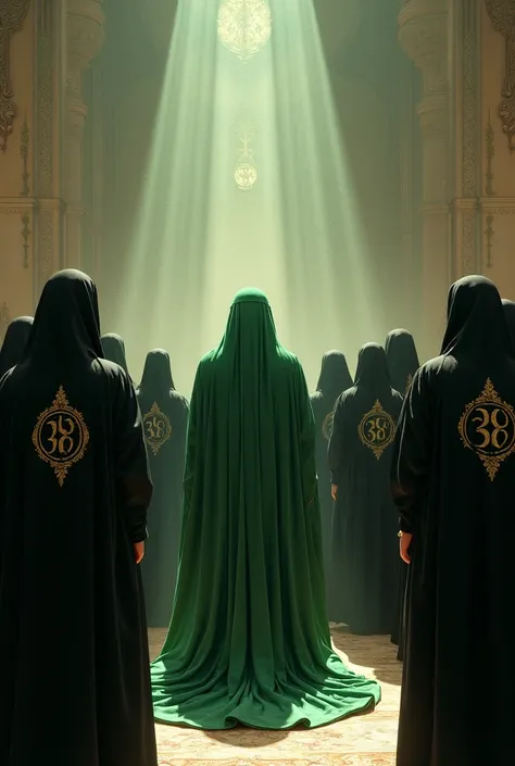 Imam Al-Muttadir Sahib al-Zaman (peace be upon him) speaks to the 313 leaders. He wears a green abaya and his leaders wear black clothes engraved with the 313 symbol