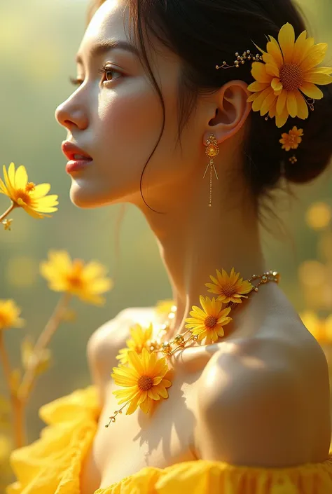 Earrings and necklace made from flying yellow flowers