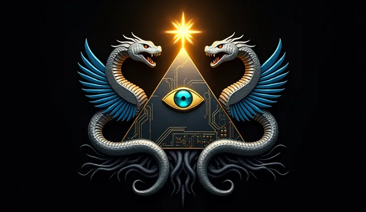 
"A 2D logo featuring two silver serpents forming a circle. The serpents have their jaws open towards a bright golden star, which is positioned at the top of a black pyramid with a matte finish and electronic circuit designs. The pyramid, located in the ce...