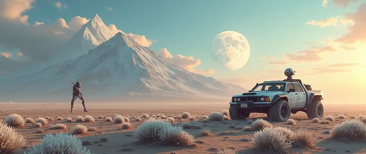 an epic mountain. The moon , an epic view of the wasteland, ПУСТЫНЯ РОВНАЯ, МАШИНА ИЗ MAD MAX В ДАЛЕКЕ,около машины albedo из overlord, белый  ЦВЕТОКОР, ЗАКАТ, снег 