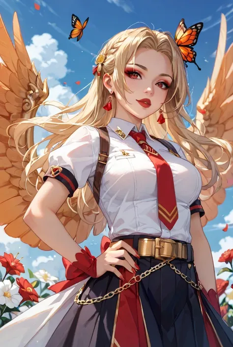  wear 2 layers of short sleeves 、 tie a front belt such as brocade or satin 、2 ～Wear 3 layers 、 tie a bow shaped like a large butterfly、 put on a hairpin made of beckow material 、 wear a gold belt 、 red eyes、 black straight hair 、Gold Chain、 red lips、 wing...