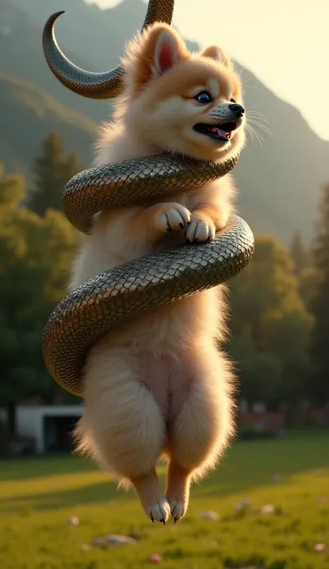  A hyper-realistic scene in a quiet backyard in the countryside ,  with a verdant lawn and a majestic mountain in the background under an intense golden glow of the sun. Lens In the foreground,  a small Pomeranian puppy , delicate and fragile, It is tightl...