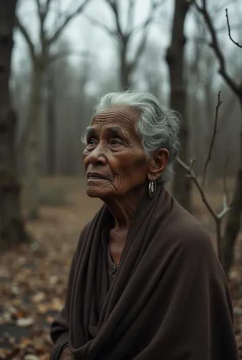 An old black woman in the forest and the trees are dried, her faces zoom in. 