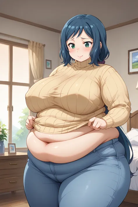  Iori Rinko, Rinko Iori, long hair,紺色の髪, low ponytail, Purple scrunchie,  green eyes, yellow sweater, Navy blue jeans ,Obese middle-aged woman, troubled expression, embarrassing expression ,milf, chubby,(bedroom), belly fat sticking out of clothes,Sloppy b...