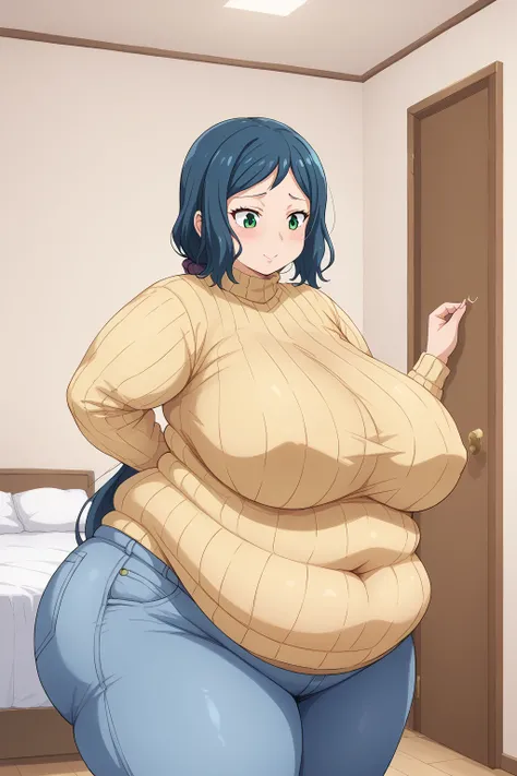  Iori Rinko, Rinko Iori, long hair,紺色の髪, low ponytail, Purple scrunchie,  green eyes,(( yellow sweater)), Navy blue jeans ,Obese middle-aged woman, troubled expression, embarrassing expression ,milf, chubby,(bedroom), score_9,  score_8_ up、 score_7_ up、 sc...