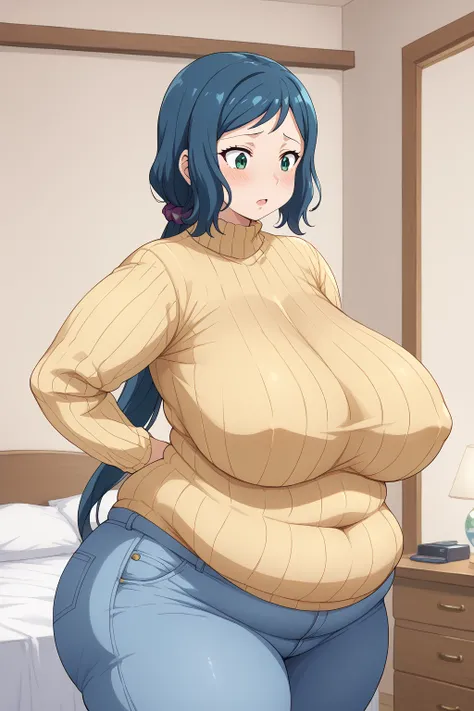  Iori Rinko, Rinko Iori, long hair,紺色の髪, low ponytail, Purple scrunchie,  green eyes,(( yellow sweater)), Navy blue jeans ,Obese middle-aged woman, troubled expression, embarrassing expression ,milf, chubby,(bedroom), score_9,  score_8_ up、 score_7_ up、 sc...