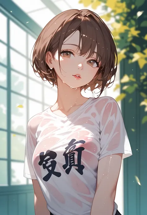  Japanese， beautiful girl，童顔 beautiful girl，Her actual age is ２０ years old， brown hair, short hair, and a baby face that is mistaken for an elementary school student even though she is ，whole body， braless t-shirt， wet t-shirt，