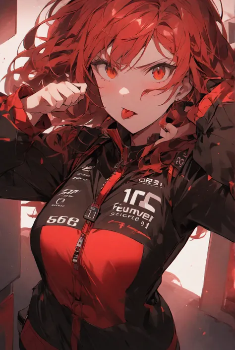 score_9, score_8_above, score_7_above, score_6_above, score_5_above,  1 girl, blood red hair, short, Wearing black Formula 1 clothing, Red zipper,  determined expression ,  Tongue out