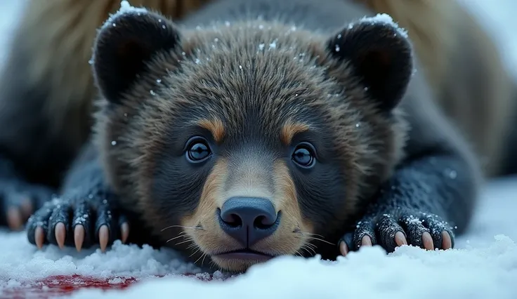 Close-up of the Cub’s Face
A zoomed-in shot of the cub’s face, showing its wet fur and wide, frightened eyes. Frost clings to its fur as it rests on the snow beside its injured mother, with faint blood stains visible in the background.
