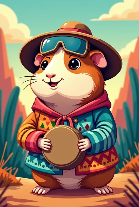 Cartoon of a guinea pig wearing a peasant hat with ski goggles wearing colorful clothes that have indigenous symbols with a carioca in his hand 