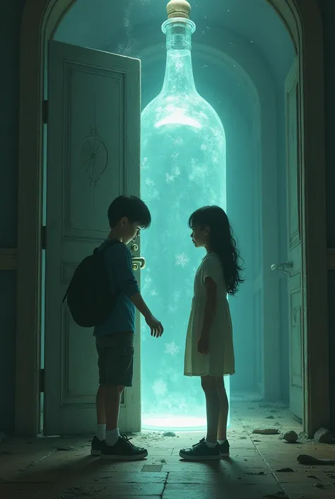 share me a image of boy opening a door and a girl opposite to him, but tge girls face should not be visible and whole image should be an illusion with bottle