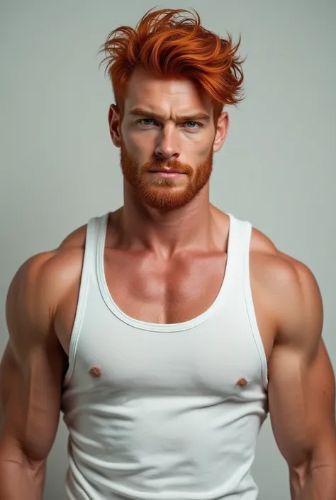 Red-haired man in white tank top 