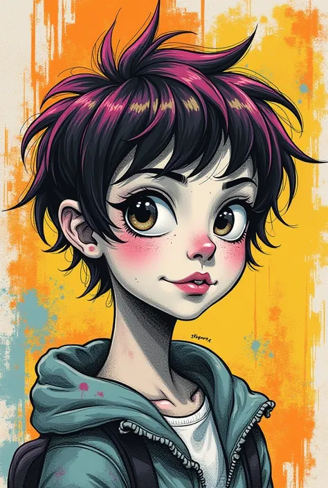 Cartoon of one with short hair,  comic drawing , graffiti pencil drawing .