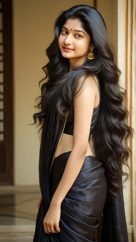 Sai Pallavi Indian longhair loose longhair silky longhair 8K Ultra-wide ultra detailed saree thick venus longhair front view silky long loose hair black hair modeling pose