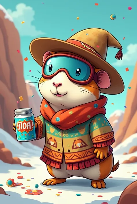 Cartoon of a guinea pig wearing a peasant hat wearing ski goggles wearing colorful clothes bearing indigenous symbols with a jar of confetti foam in his hand 