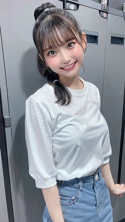 (((white t-shirj, light blue jeans))),((((black high ponytail hair, bangs)))),((standing)),Japanese、(((junior cute face))), (((grin face, scornful eves:1.2)))、((((Round face))))、(big cheeks)、((Cute Face))、(((Japanese idol)))、((dark skin)), (((background:bl...