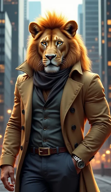 Lion:
"Design a hyper-realistic anthropomorphic lion character in a modern cityscape. The lion should be regal and muscular, wearing a fitted trench coat over a casual shirt and pants. Include golden fur, a majestic mane, and intense amber eyes. Accessorie...