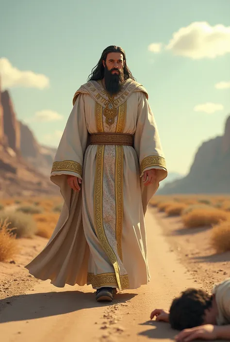 A priest, wearing long, ornate robes in white and gold, walking on the same road. He notices the injured man but turns away, his expression stern and detached, 3d animation, disney pixar