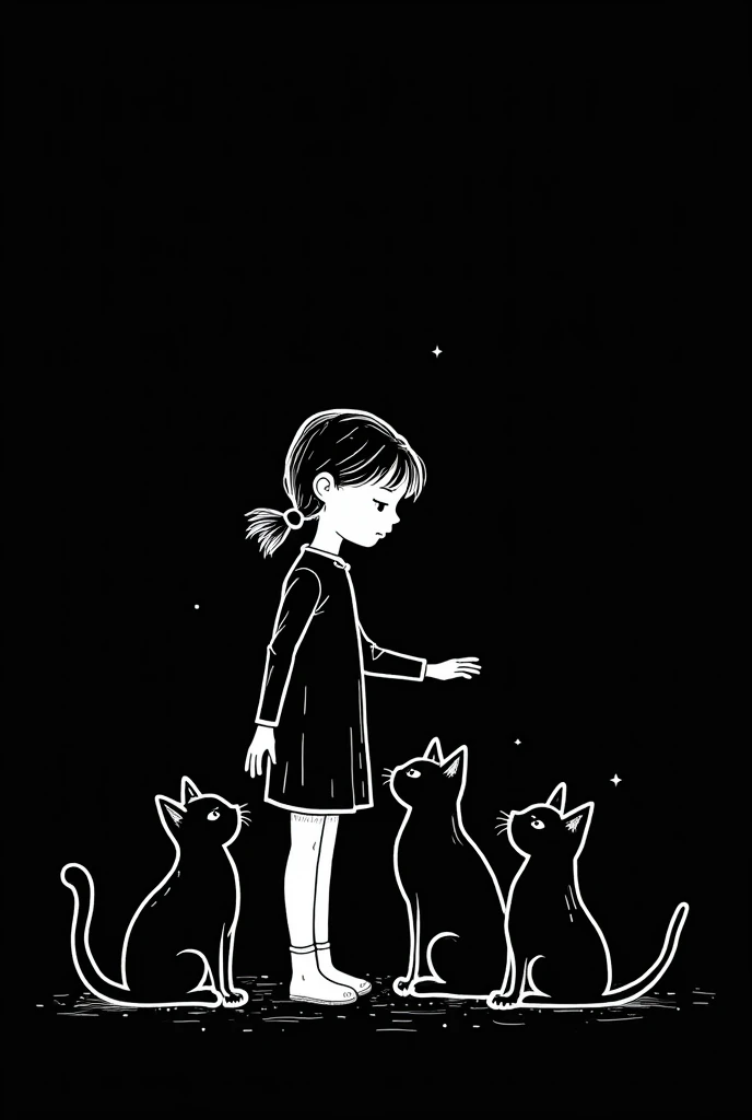 White on Black simple line art, Whimsical, in the style of Brian Kesinger, Girl surrounded by cats
