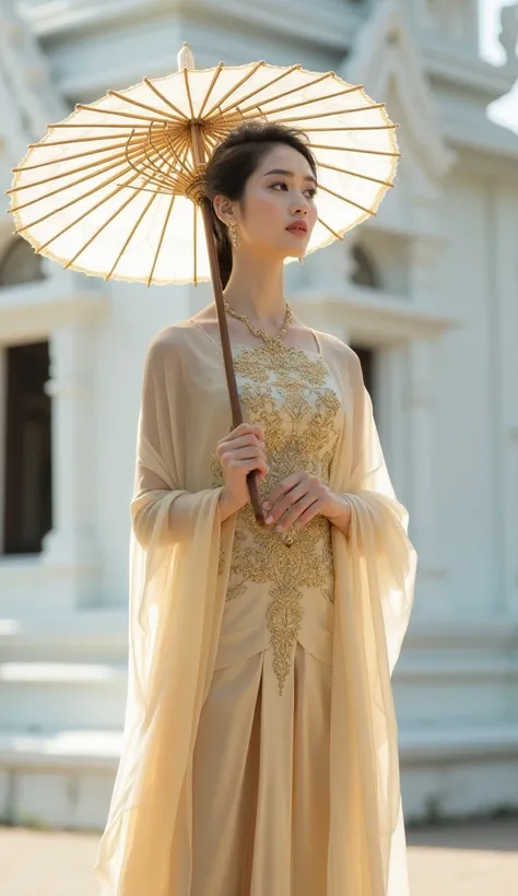 A graceful woman wearing a traditional Lanna Thai outfit,featuring a gold silk dress with intricate golden embroidery and a delicate shawl.,
She stands elegantly holding parasol in front of a white historic temple with blurred background,
white minimal bac...