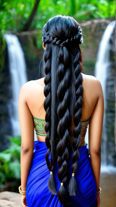 Indian Saree Waterfall braid thickbraid thick longhair waterfall thick braid back-view backview black hair