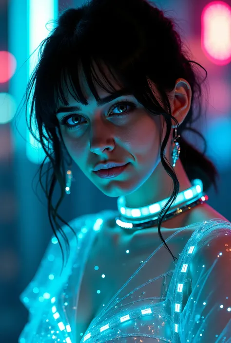 score_9, score_8_up, score_7_up, (Hyperrealistic Photo), 1woman, dark hair, green eyes, futuristic glowing transparent see through dress, glowing accessories, hitech parts, glowing choker, glowing bracelet, colorful, (nightclub background), silver theme, s...