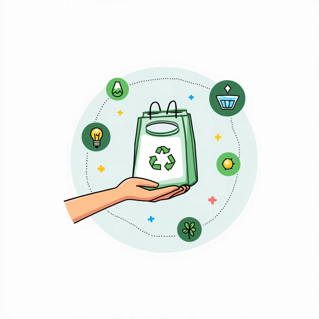 A hand, light skin tone, is holding a green recycling bag.  The hand is positioned in the center of the image, holding the bag centrally within its palm. The bag has a recycling symbol on it.  The hand and bag are outlined in dark lines against a light bac...