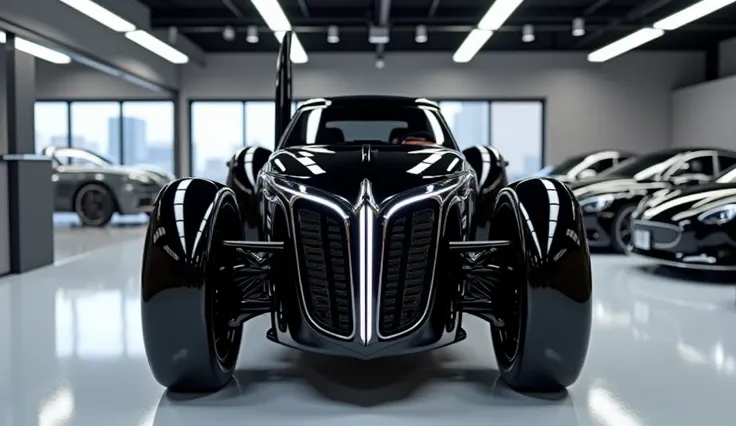 "Create a highly detailed and futuristic black tractor with a bold, modern front grille design featuring prominent LED lights. The vehicle should be positioned in a sleek and minimalist car showroom, with bright, clean lighting that highlights its curves a...