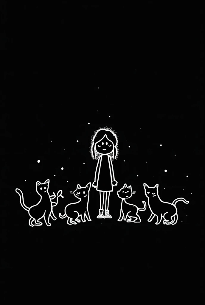 White on Black simple line art, Whimsical, in the style of Brian Kesinger, Girl surrounded by cats
