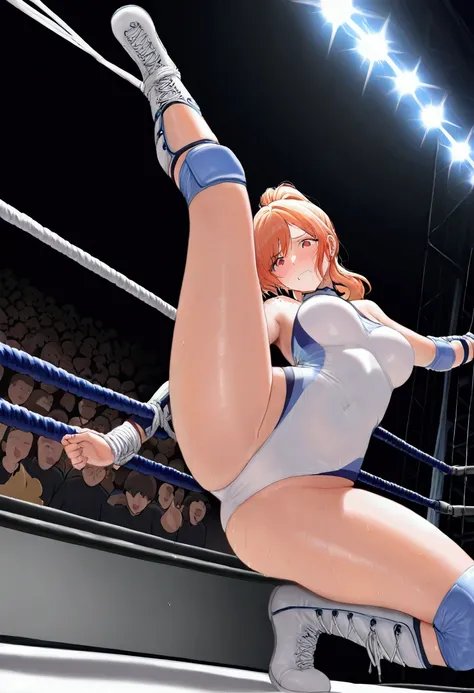 ((((masterpiece)))), (( unity 8k wallpaper,  photorealistic  , ((  detailed face  )),  Female Pro Wrestler with Floating Legs,Umezaki Haruka  ,Pain々Funny face, ponytail,ribbon, pure white leotard ,Elbow guard,  leg protector  ,  There are 3 ropes stretched...