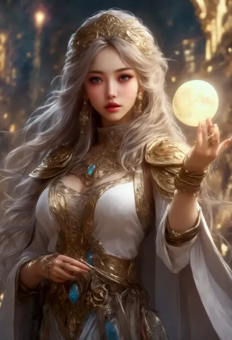 A young female sorcerer with long flowing hair, radiant sparkles, an ornate and intricate sheer sexy robe no underwear, huge expressive eyes, and a magical girl moon staff, racing urgently to join a weathered band of veteran adventurers, (best quality,4k,8...