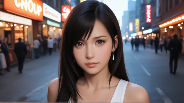 1girl, tifa lockhart, final fantasy vii, walking downtown city, bedroom eyes, DSLR,realistic, cosplay photo, (very awa,masterpiece,best quality,year 2024,newest,absurdres,highres:1), realistic,skin texture,facial features, photography shot with Canon EOS 5...