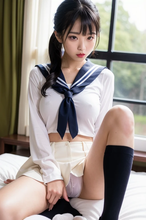  Japanese　 Female Elementary School Girls 　 black hair　 ponytail　Young ren　　 beautiful girl　 slim　 slender　 small tits　 PACK　 sailor suit　 　indoor　 on the bed　M-shaped leg spread　 M lettering　 spread your legs　Spread your legs wide　 my skirt is being turne...